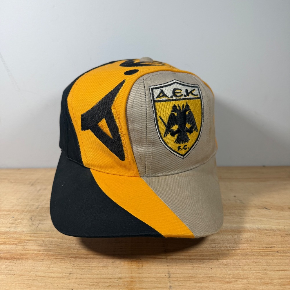 AEK Athens FC Snapback Hat OSFM Yellow Black Vintage 1996 Swirl Trophy Soccer